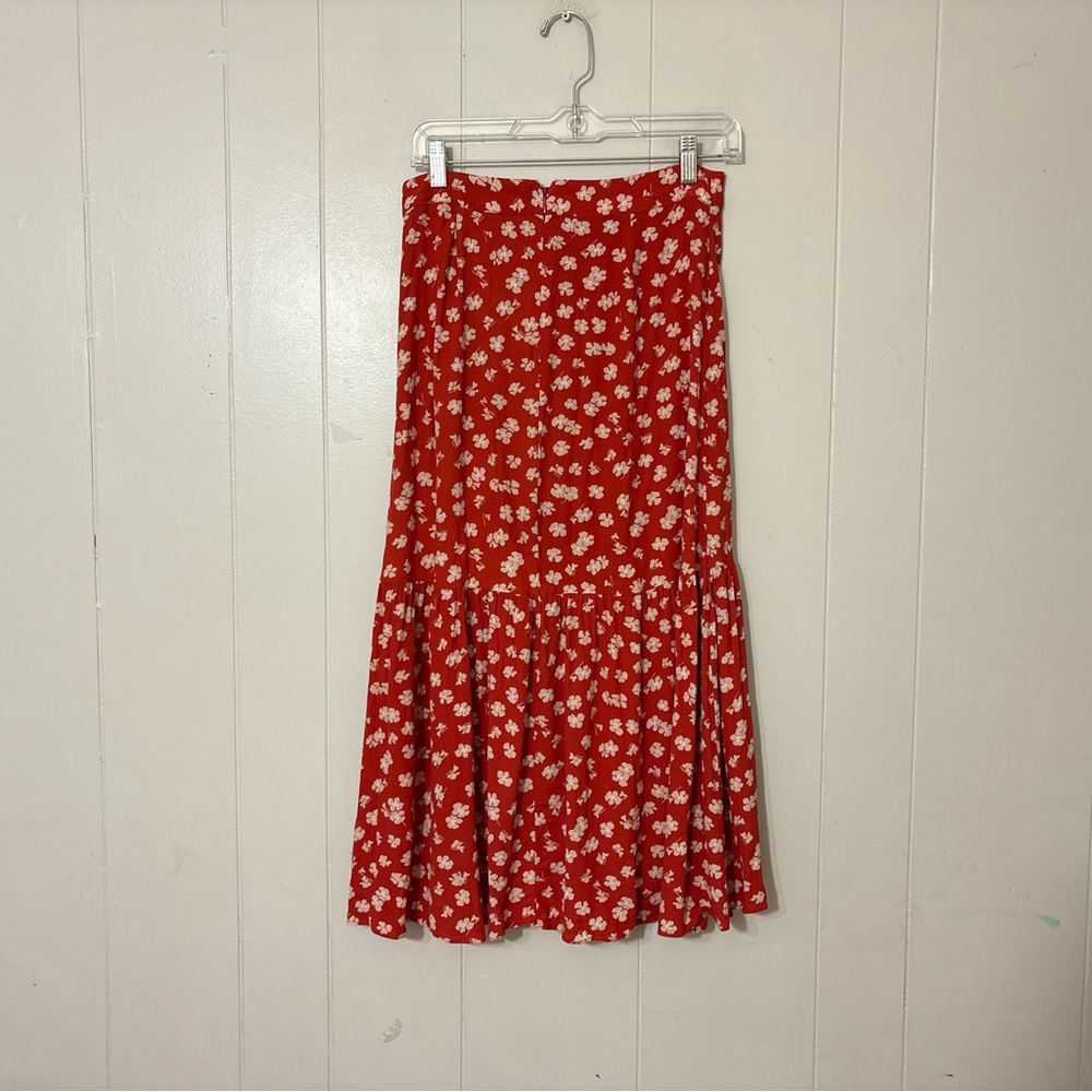Madewell Happy Hibiscus Ruffle Wrap Midi Skirt Red Floral 2 Cottagecore Boho - Picture 6 of 12